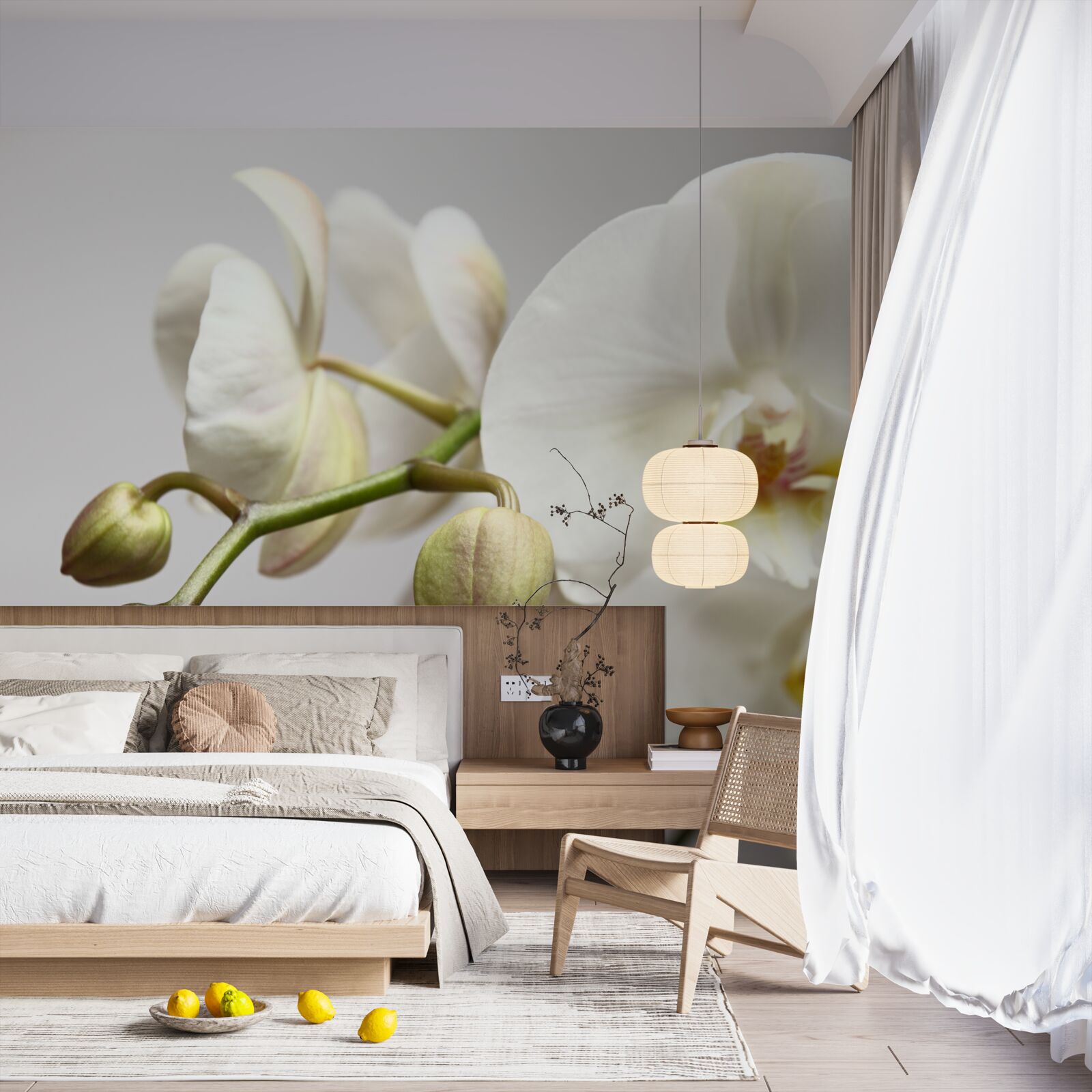 Papier peint branche d'orchidée blanche avec fleurs épanouies et bourgeons non développés