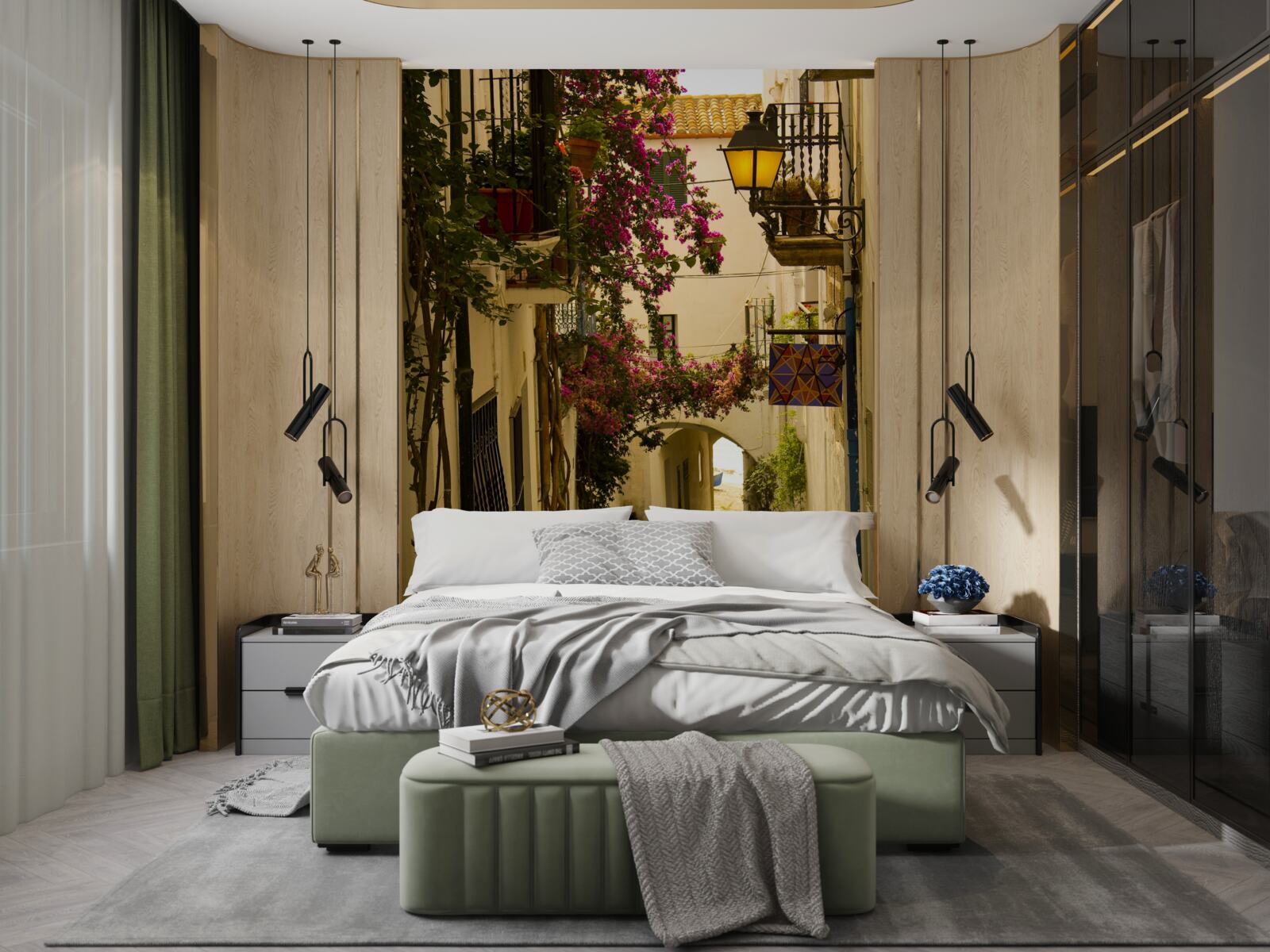 Papier peint rue ancienne entourée de fleurs et de soleil