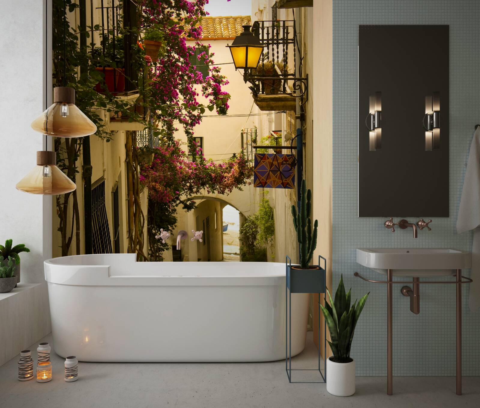 Papier peint rue ancienne entourée de fleurs et de soleil