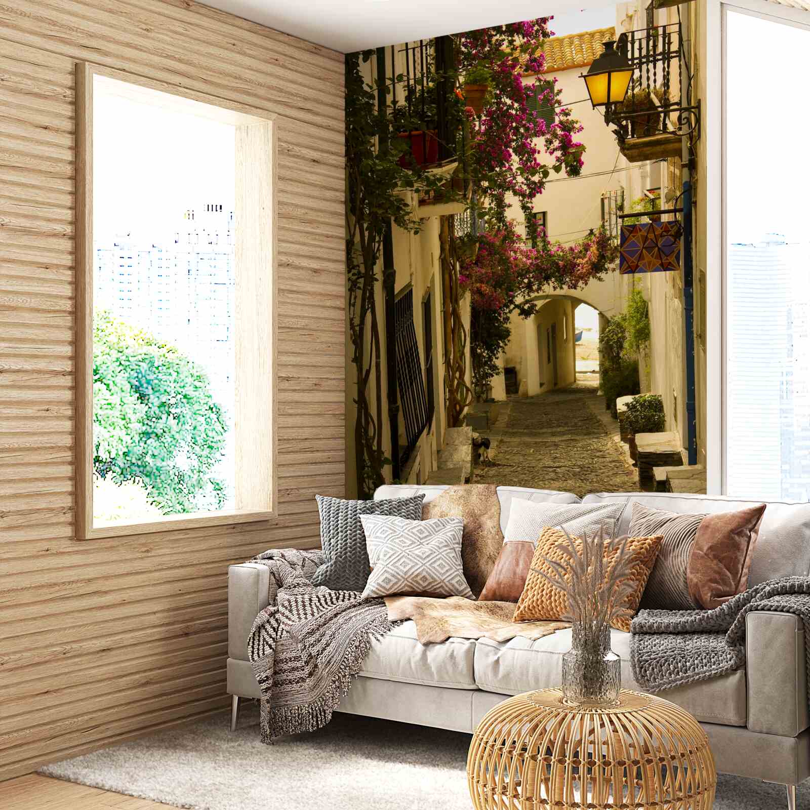 Papier peint rue ancienne entourée de fleurs et de soleil