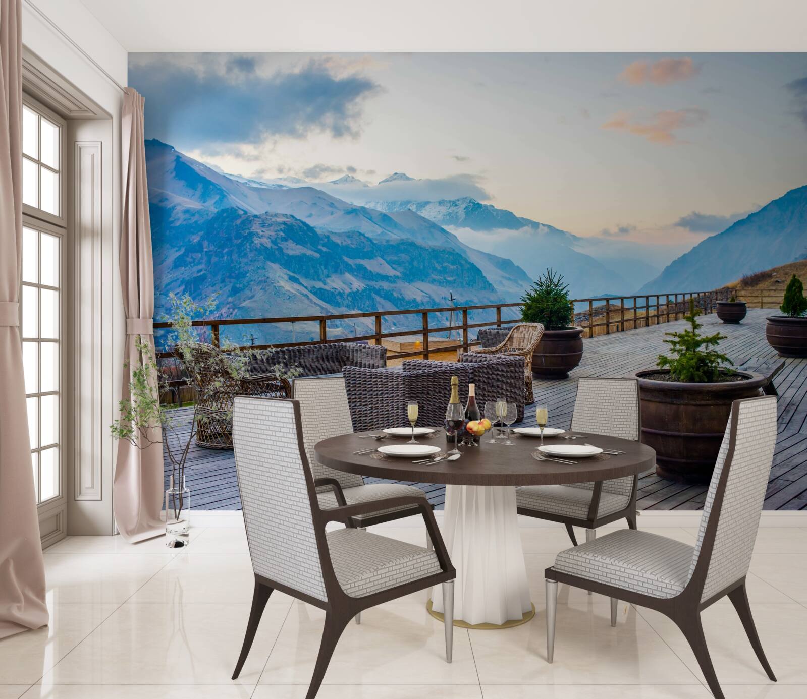 Papier peint terrasse spacieuse avec vue sur les montagnes