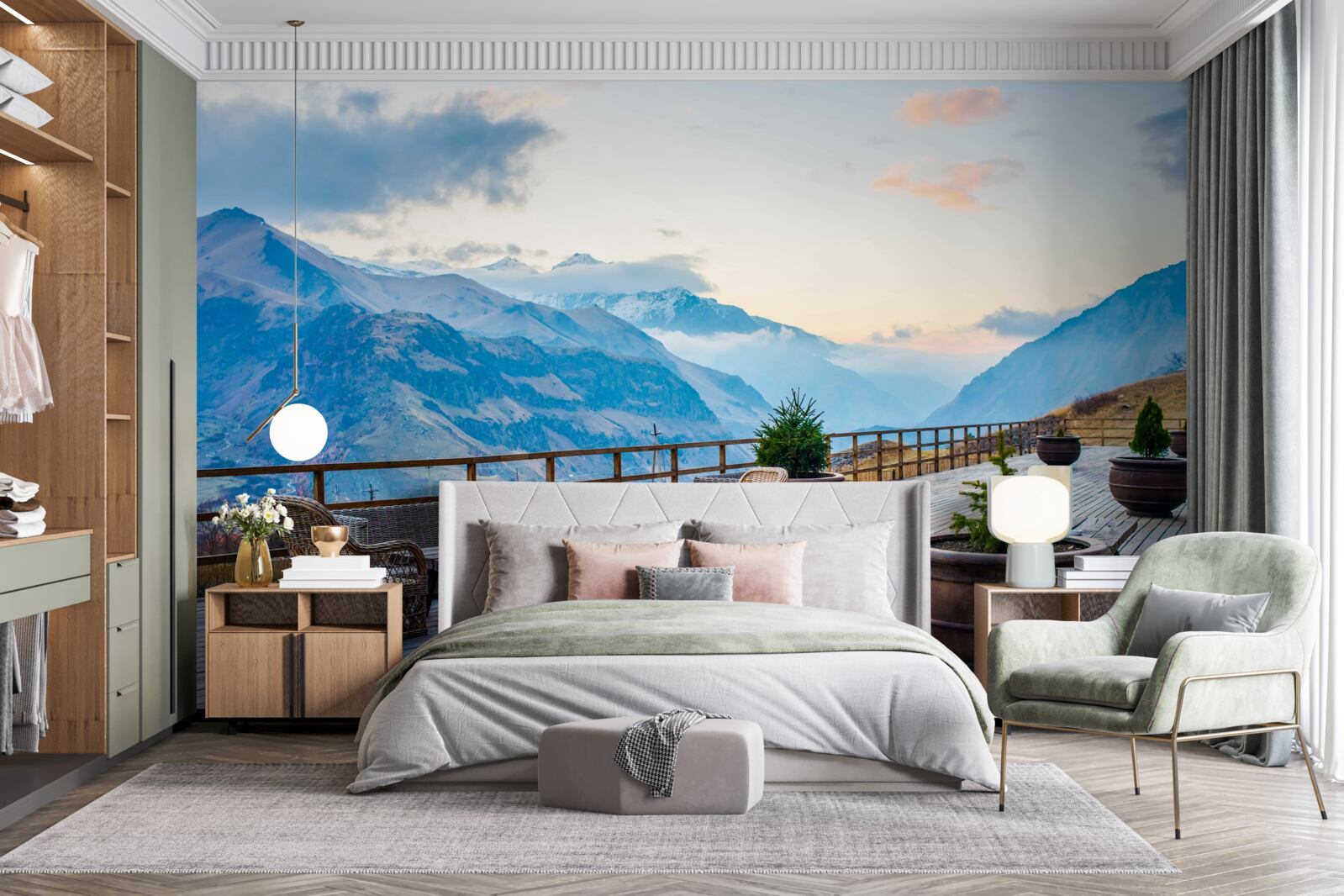 Papier peint terrasse spacieuse avec vue sur les montagnes