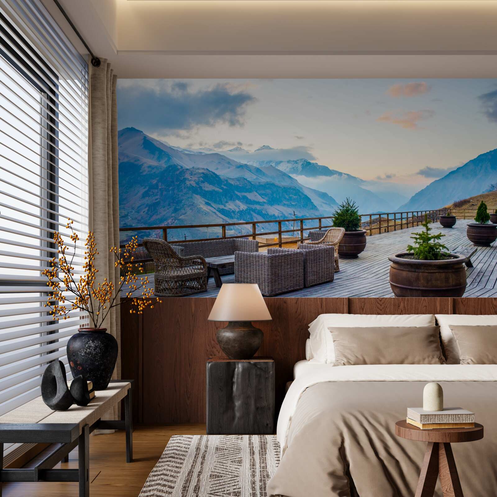 Papier peint terrasse spacieuse avec vue sur les montagnes