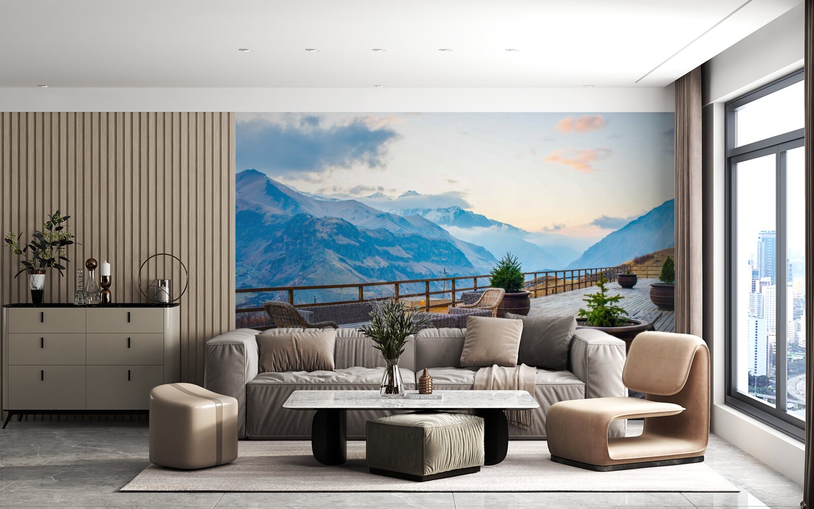 Papier peint terrasse spacieuse avec vue sur les montagnes