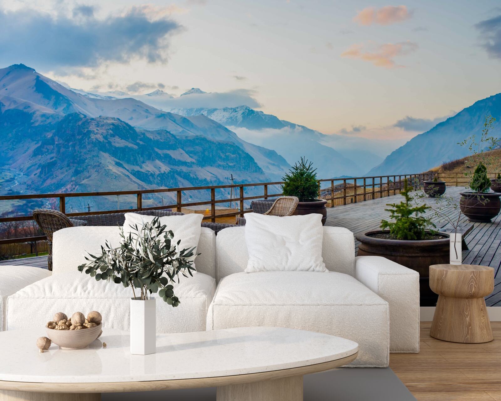 Papier peint terrasse spacieuse avec vue sur les montagnes