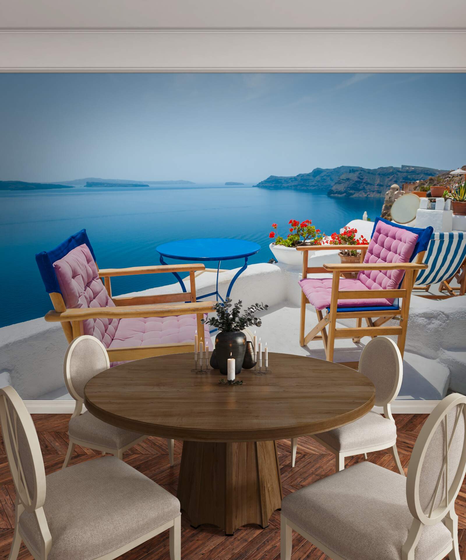 Papier peint café sur le toit près du rivage en grèce