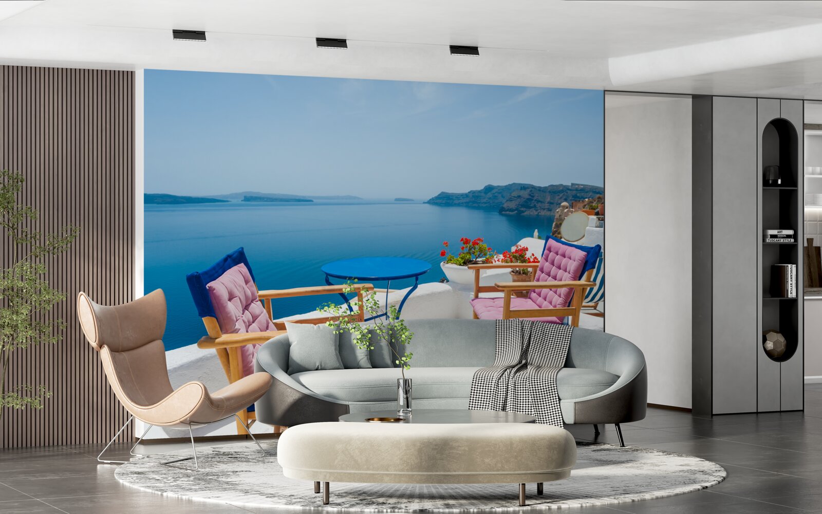 Papier peint café sur le toit près du rivage en grèce