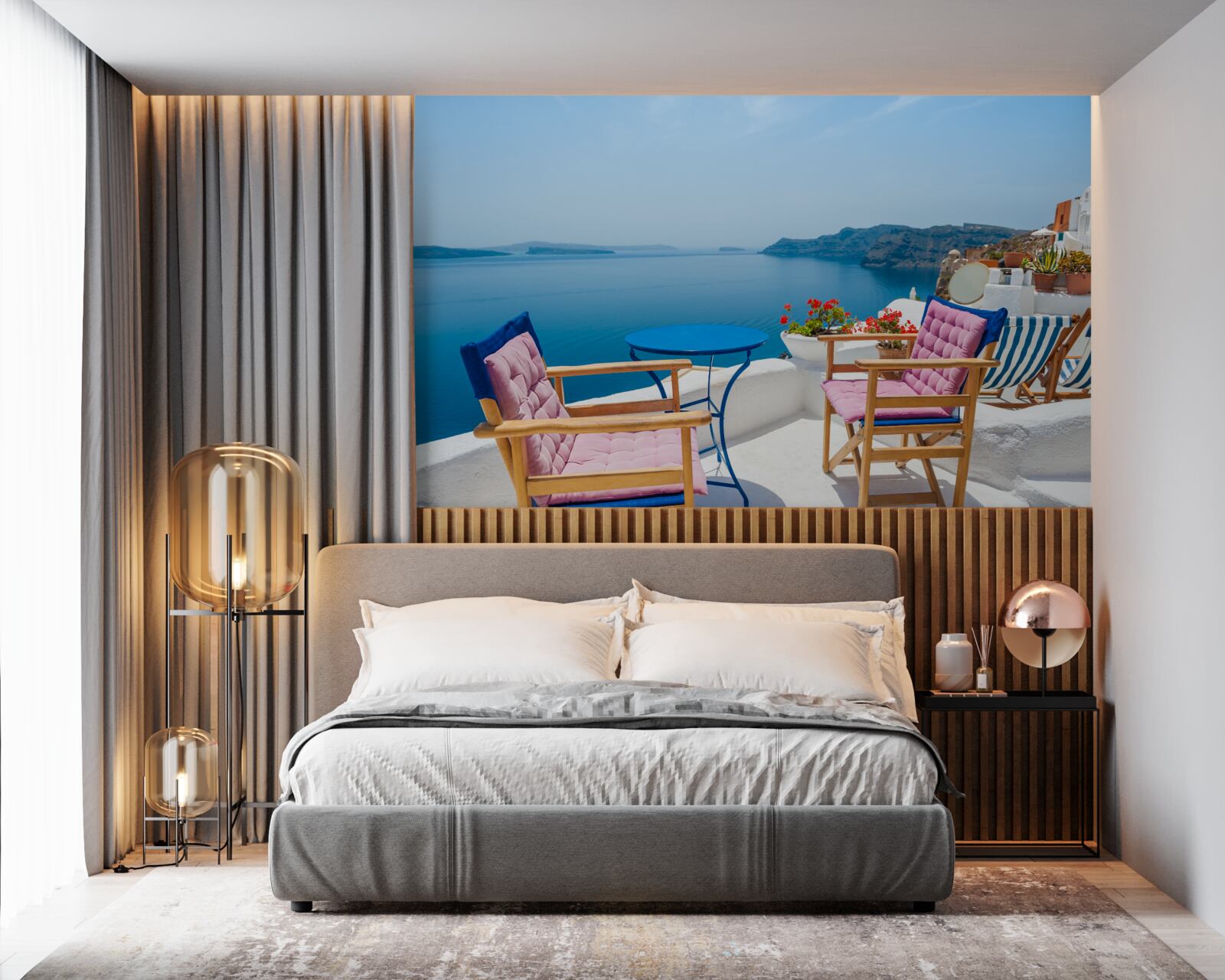 Papier peint café sur le toit près du rivage en grèce