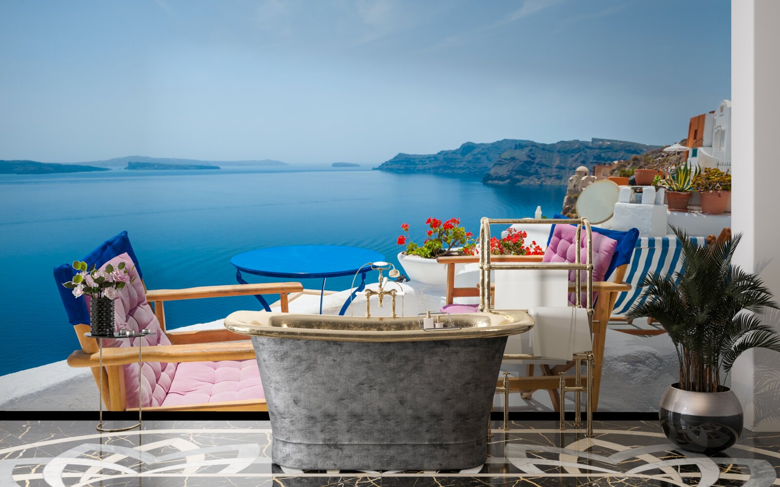 Papier peint café sur le toit près du rivage en grèce