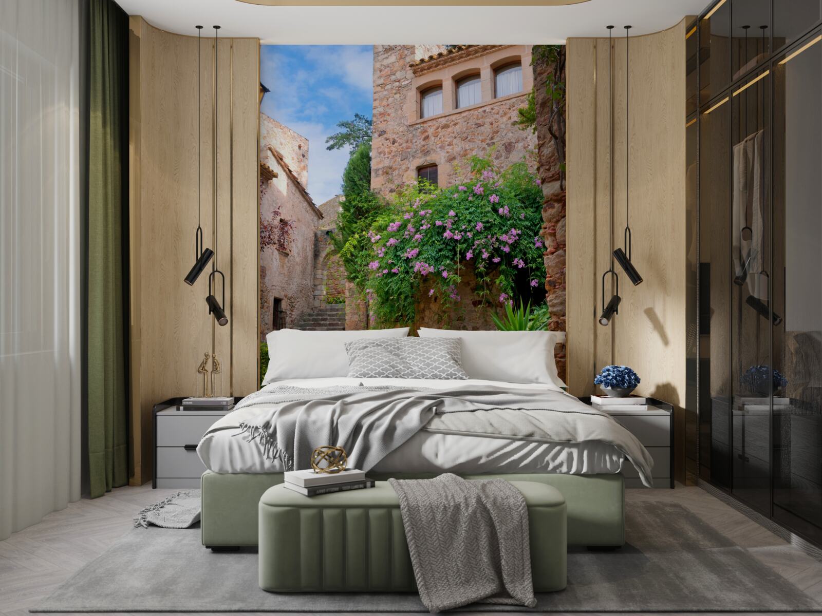 Papier peint ancienne rue pavée entourée de verdure et de fleurs