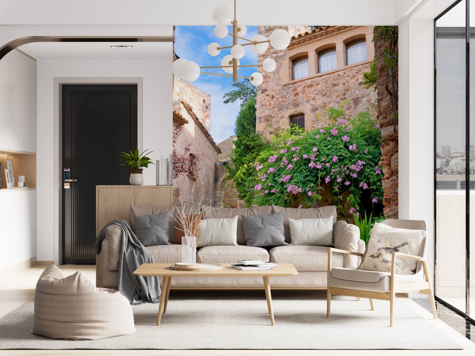 Papier peint ancienne rue pavée entourée de verdure et de fleurs