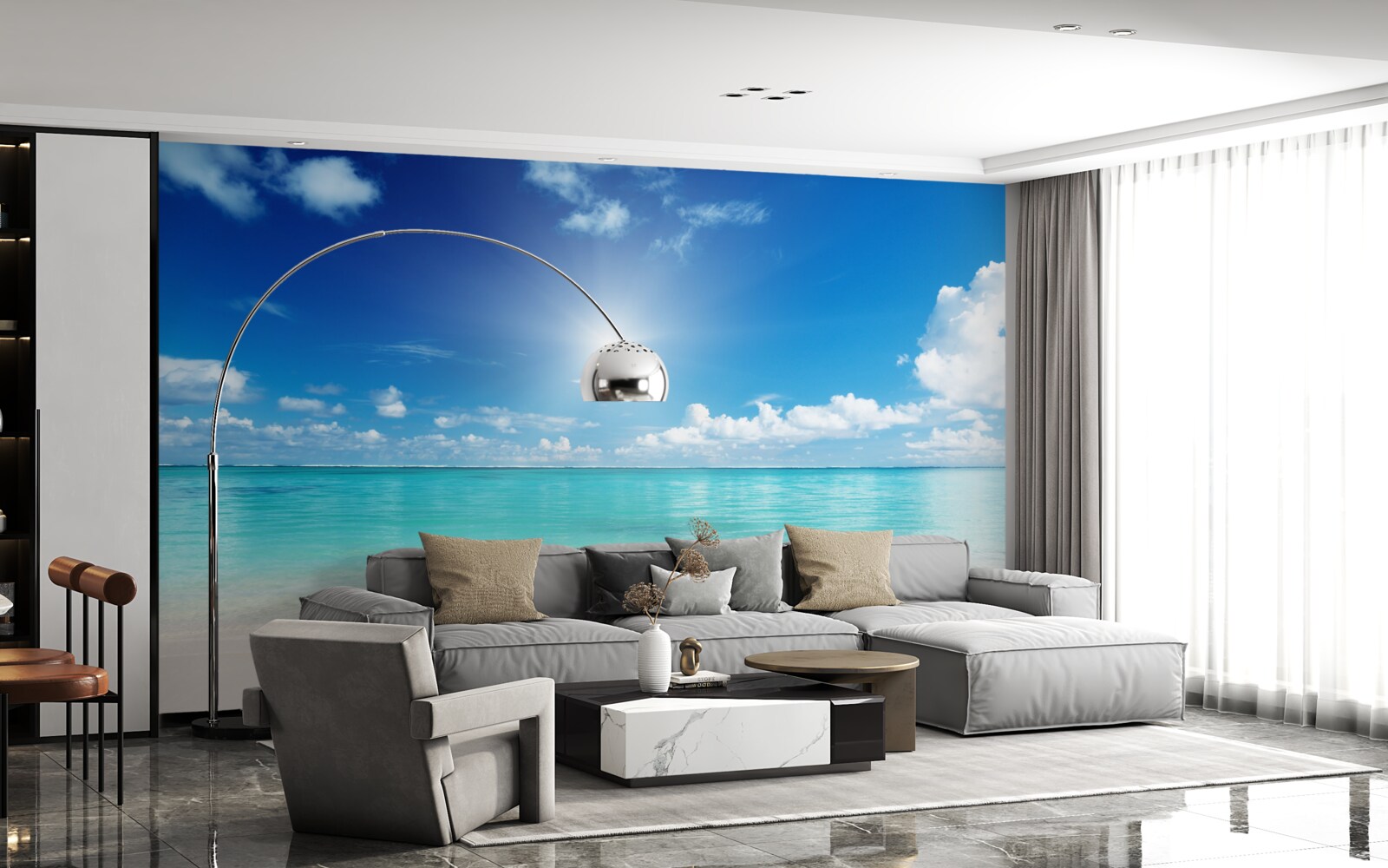 Papier peint eau calme près d'un rivage sablonneux