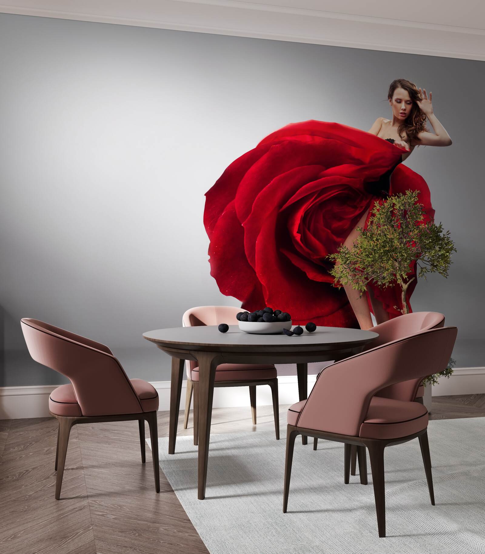 Papier peint fille en robe rouge ressemblant à des roses