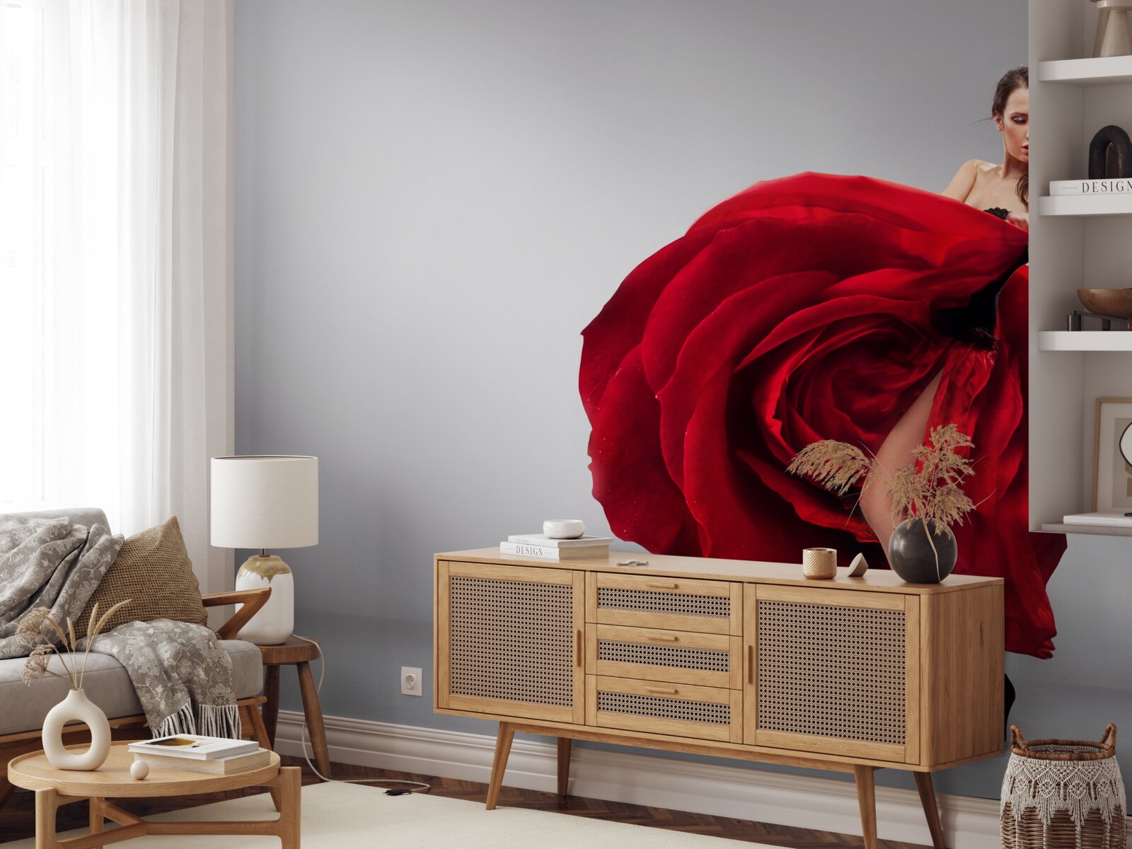 Papier peint fille en robe rouge ressemblant à des roses