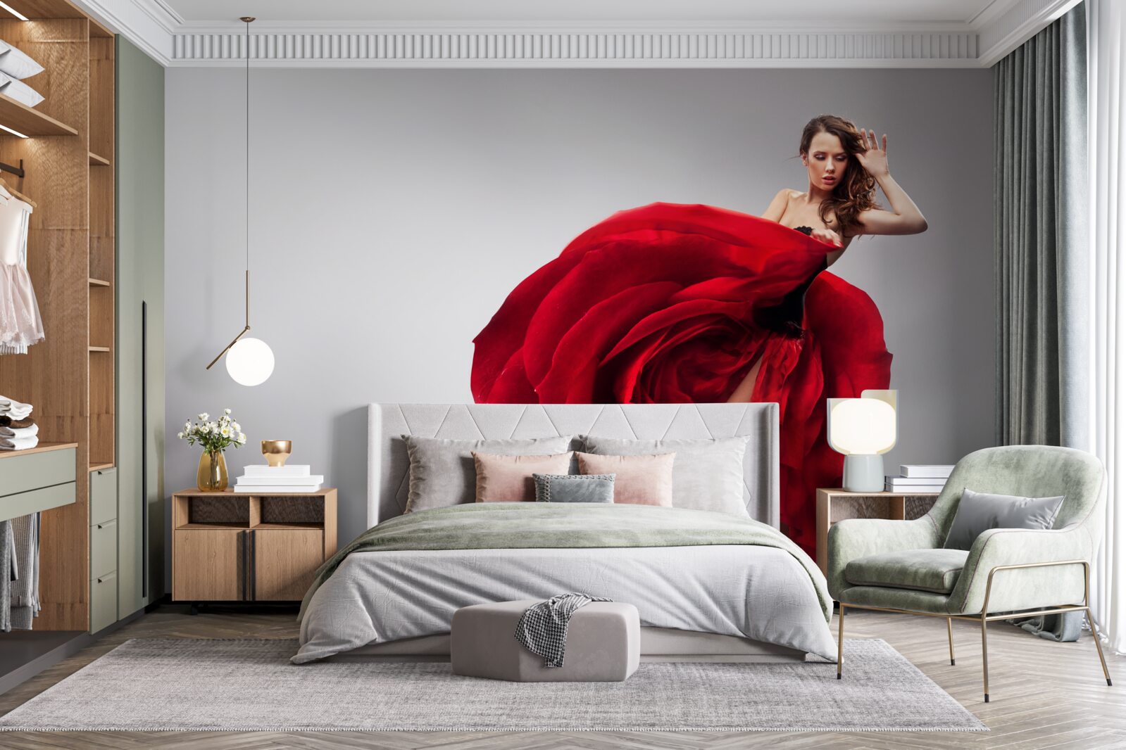 Papier peint fille en robe rouge ressemblant à des roses