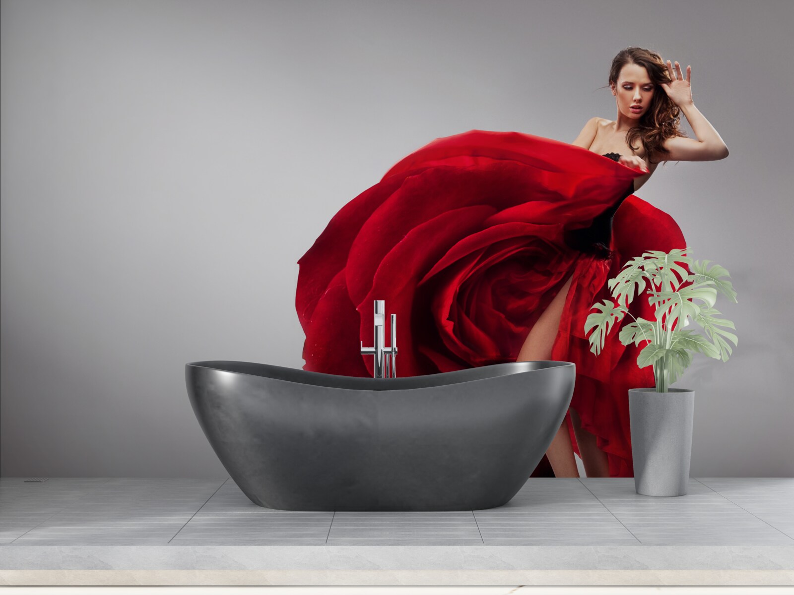 Papier peint fille en robe rouge ressemblant à des roses