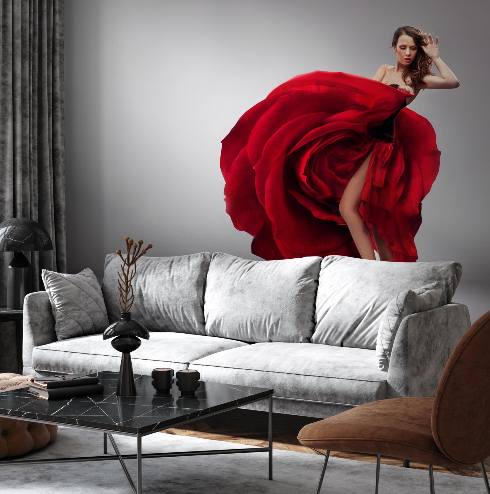 Papier peint fille en robe rouge ressemblant à des roses