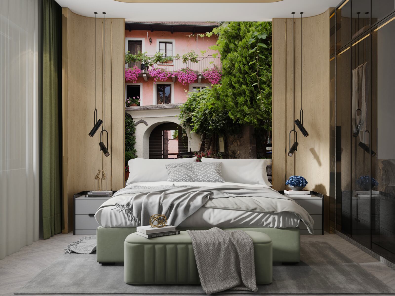 Papier peint végétation avec des fleurs près des escaliers