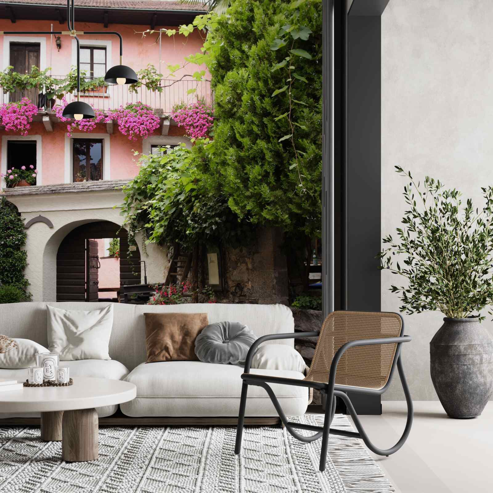 Papier peint végétation avec des fleurs près des escaliers