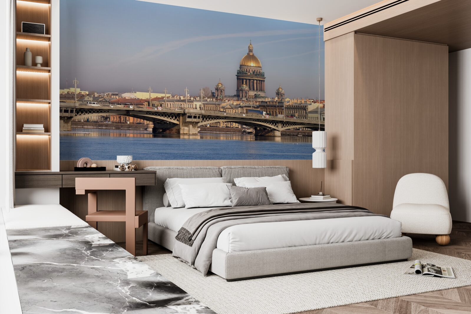 Papier peint dôme de l'église en or contre l'horizon de la ville