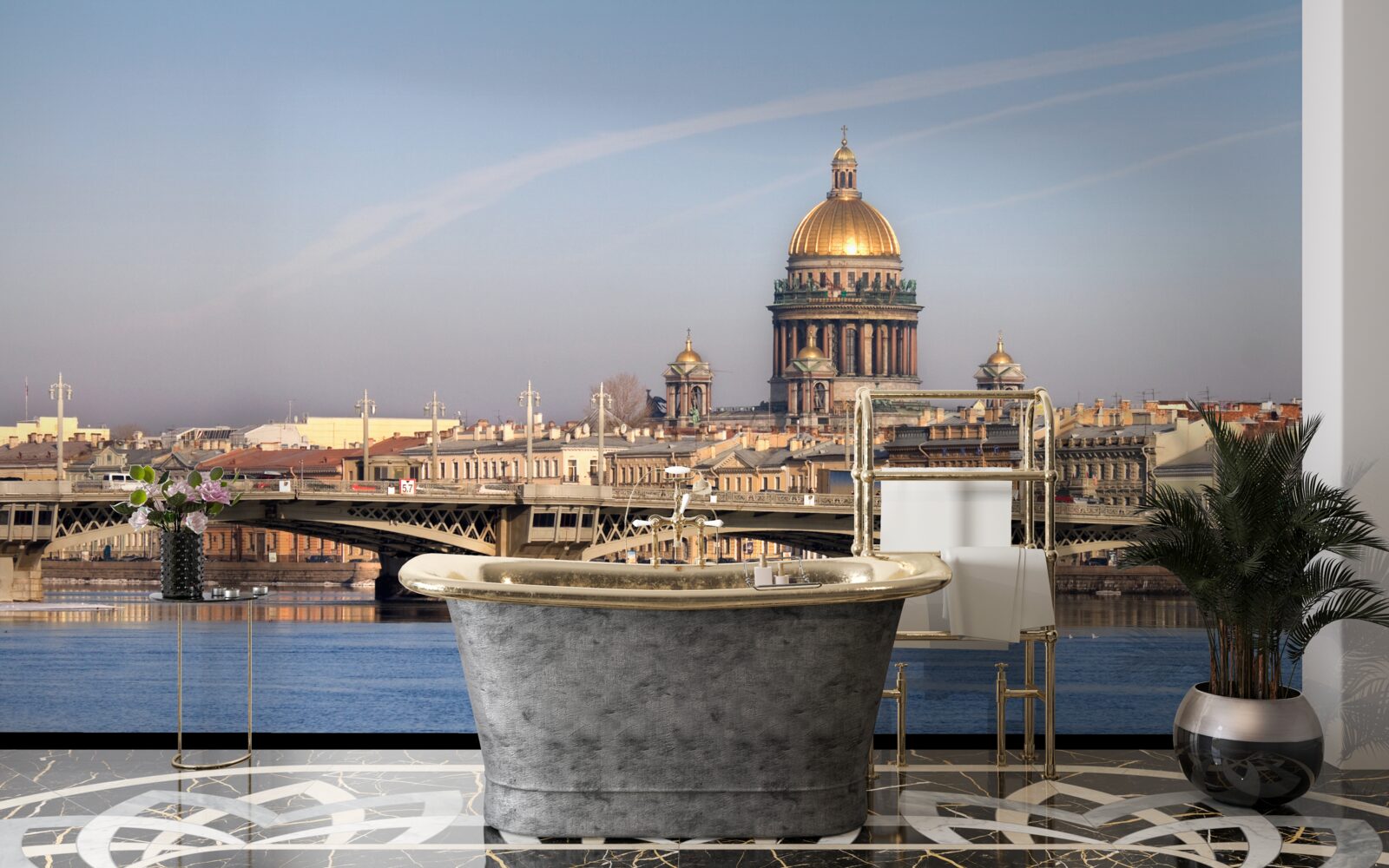 Papier peint dôme de l'église en or contre l'horizon de la ville