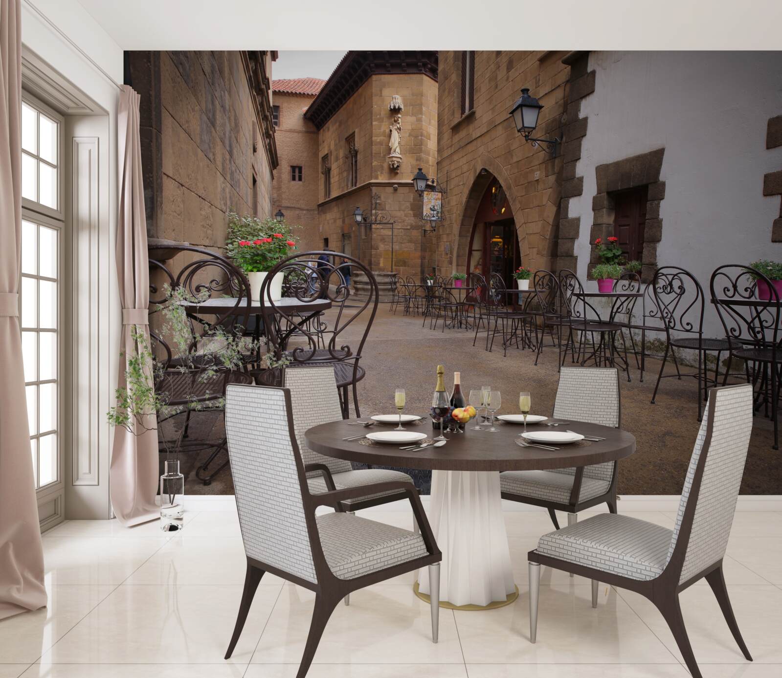 Papier peint tables dans une rue étroite