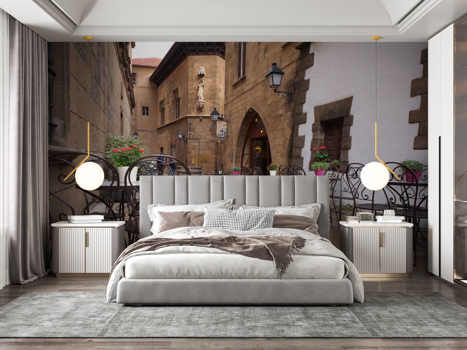 Papier peint tables dans une rue étroite