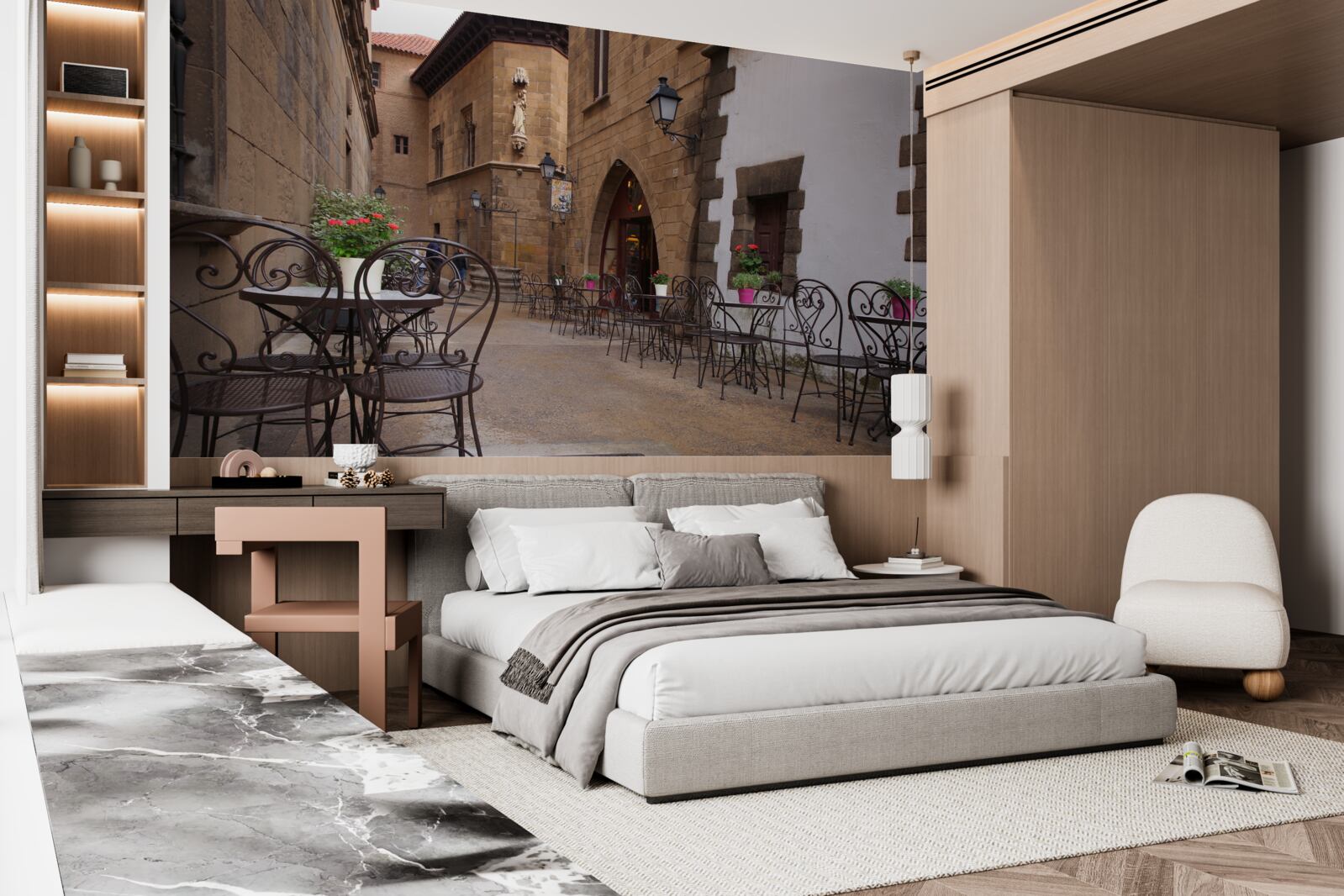 Papier peint tables dans une rue étroite