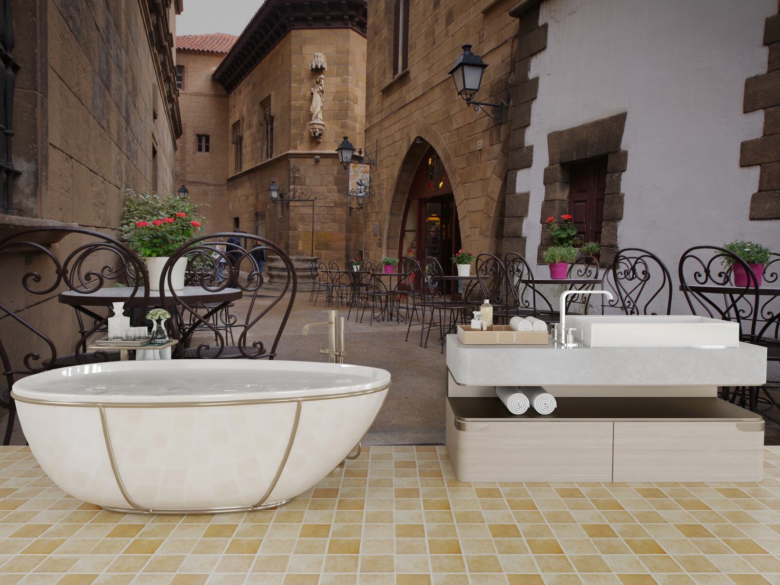 Papier peint tables dans une rue étroite