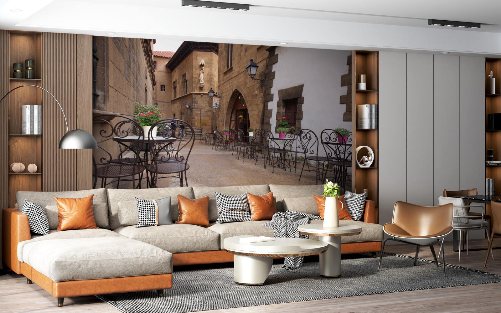 Papier peint tables dans une rue étroite