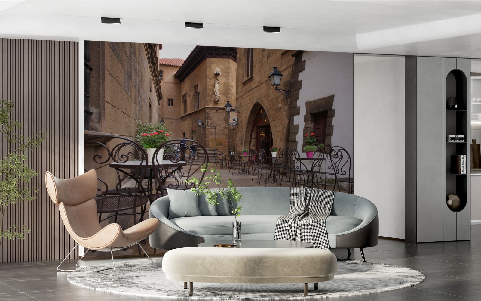 Papier peint tables dans une rue étroite