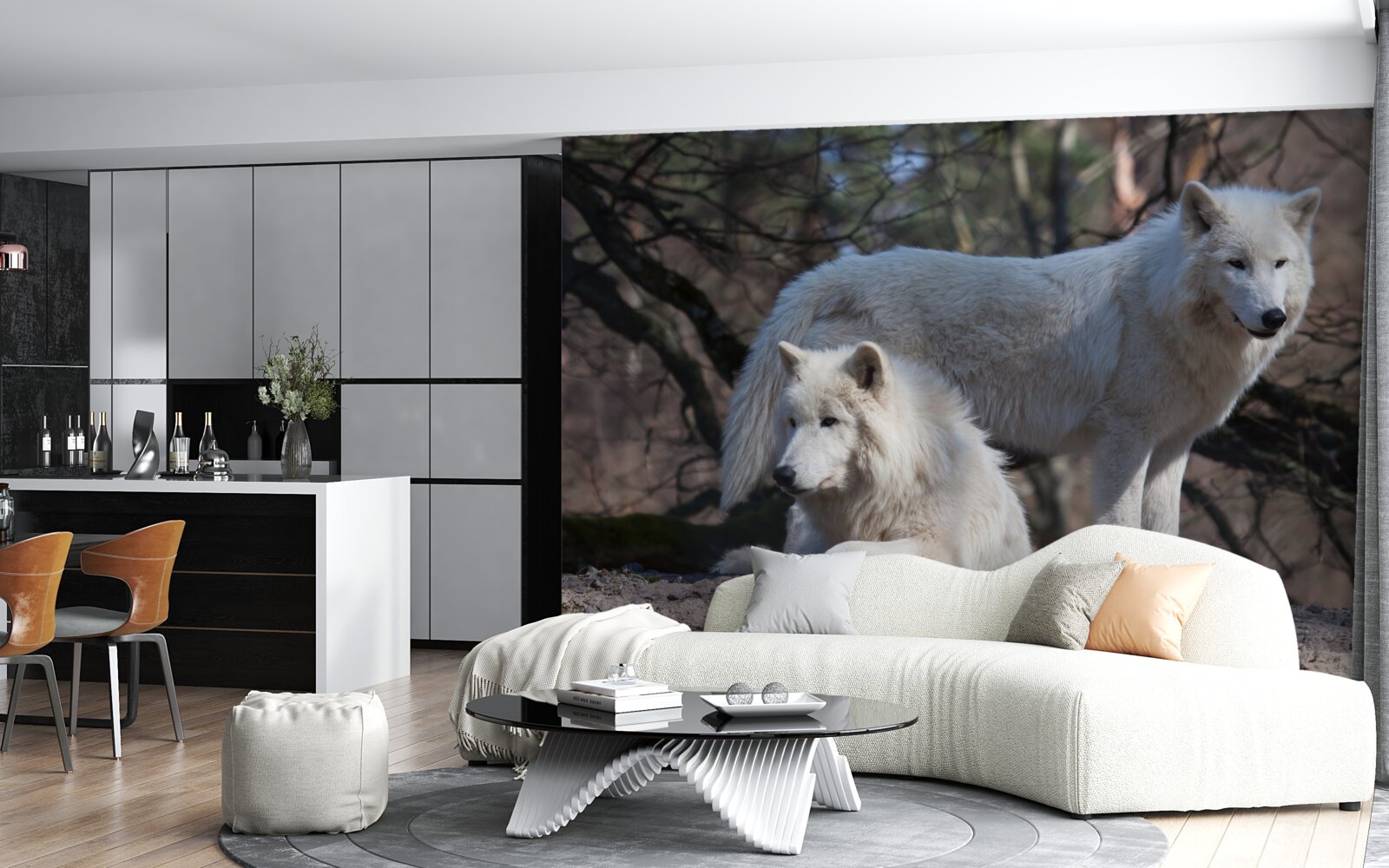 Papier peint les loups deviennent blancs dans une forêt couverte de feuilles mortes