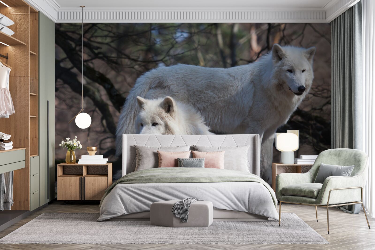 Papier peint les loups deviennent blancs dans une forêt couverte de feuilles mortes