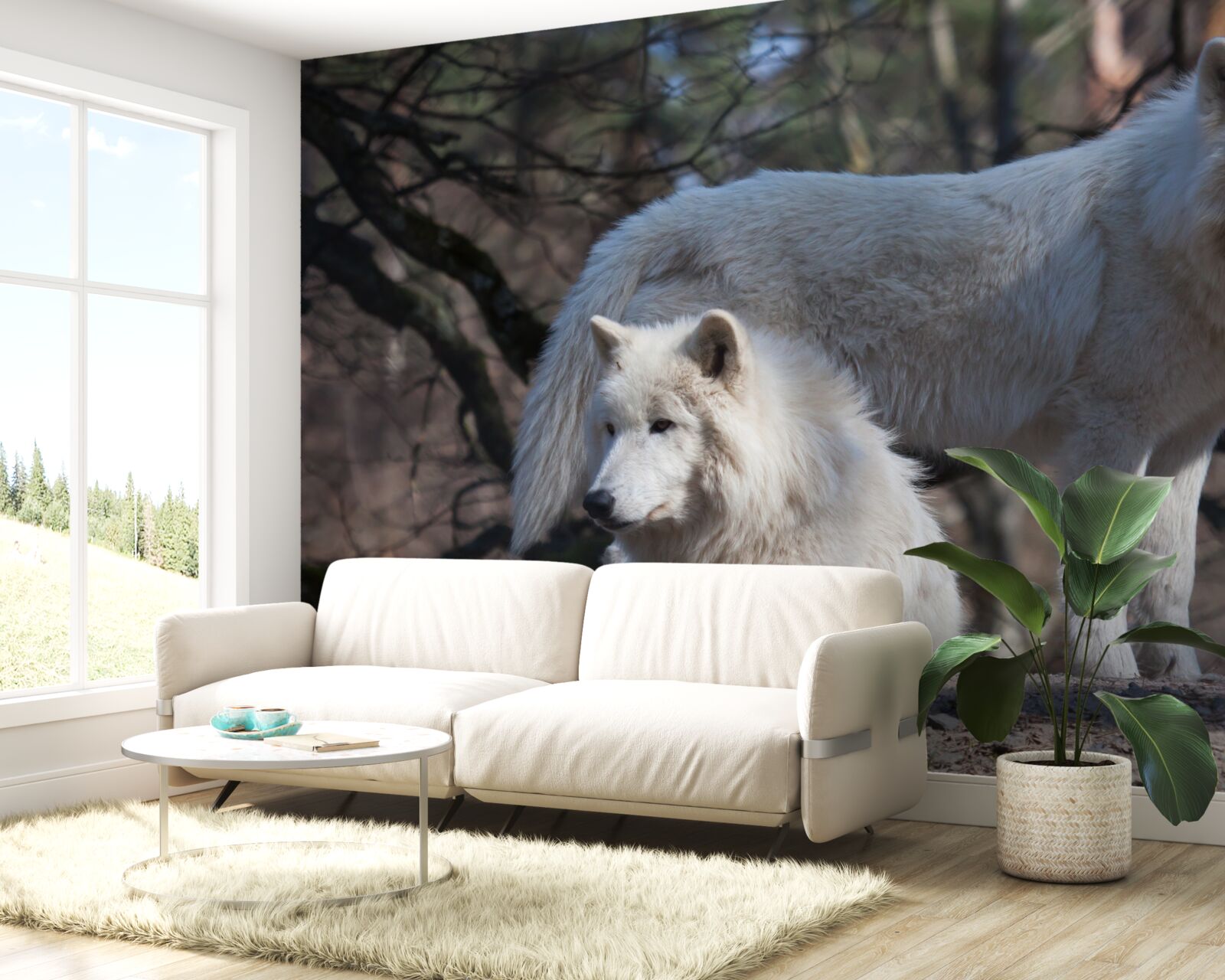 Papier peint les loups deviennent blancs dans une forêt couverte de feuilles mortes