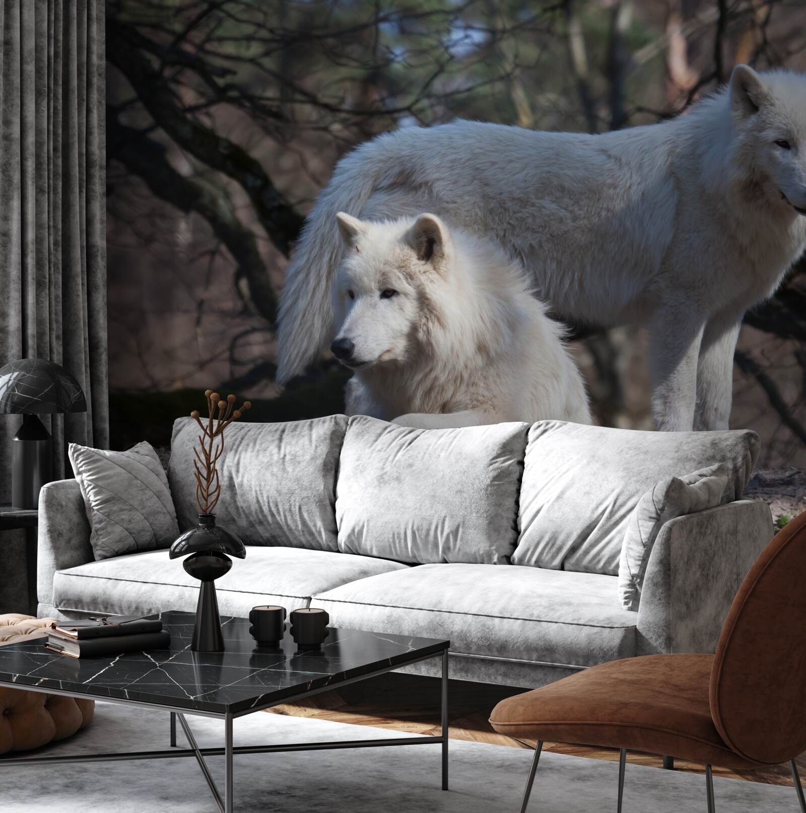 Papier peint les loups deviennent blancs dans une forêt couverte de feuilles mortes