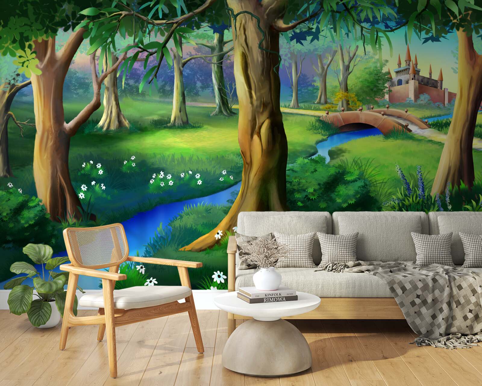 Papier peint des arbres élancés qui grimpent et une rivière dans une prairie