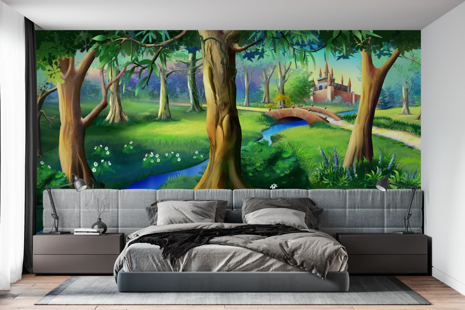 Papier peint des arbres élancés qui grimpent et une rivière dans une prairie