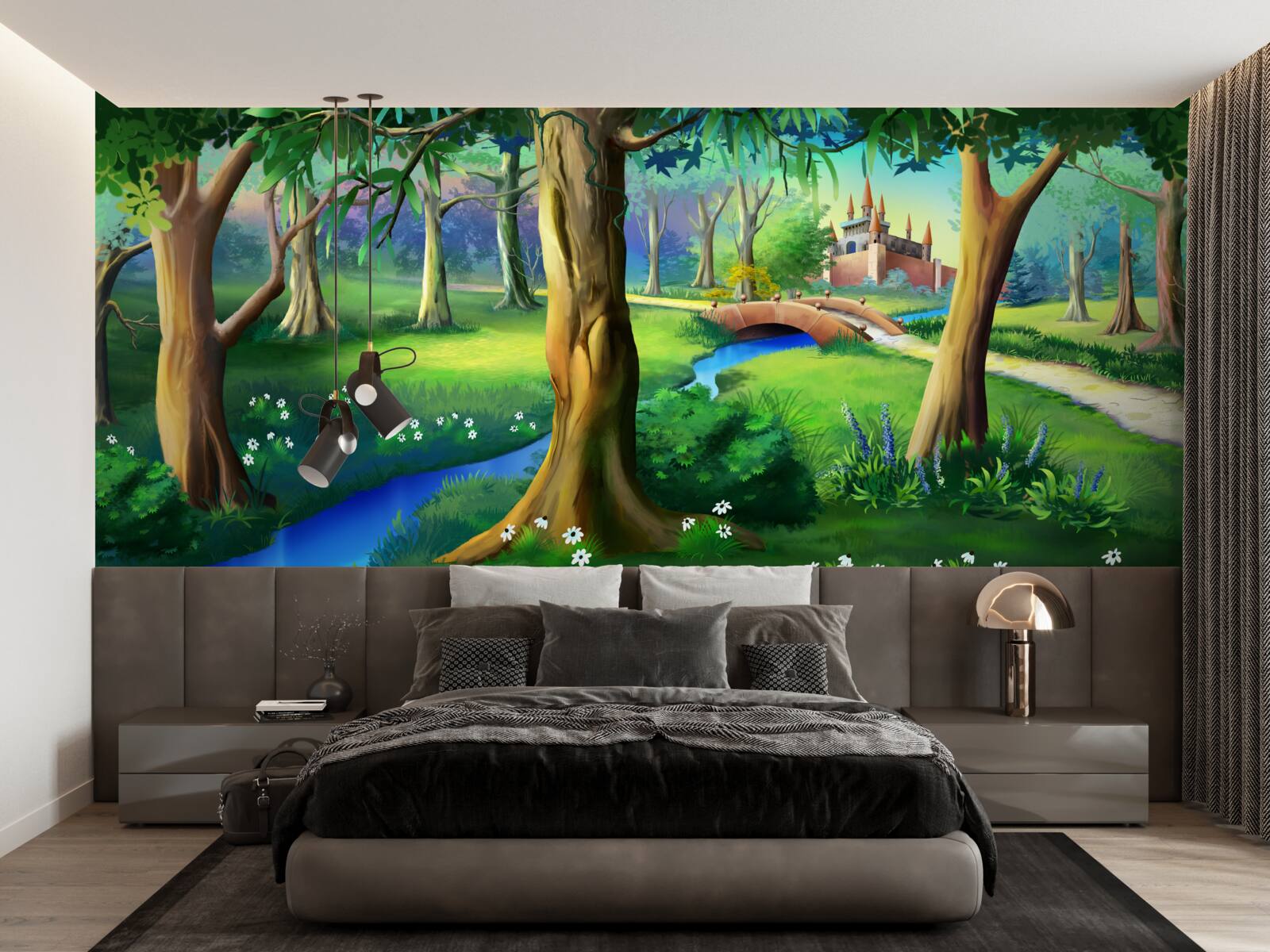 Papier peint des arbres élancés qui grimpent et une rivière dans une prairie