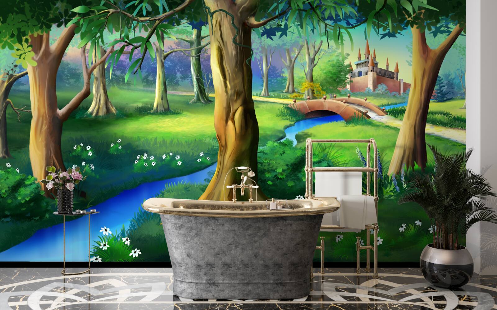 Papier peint des arbres élancés qui grimpent et une rivière dans une prairie