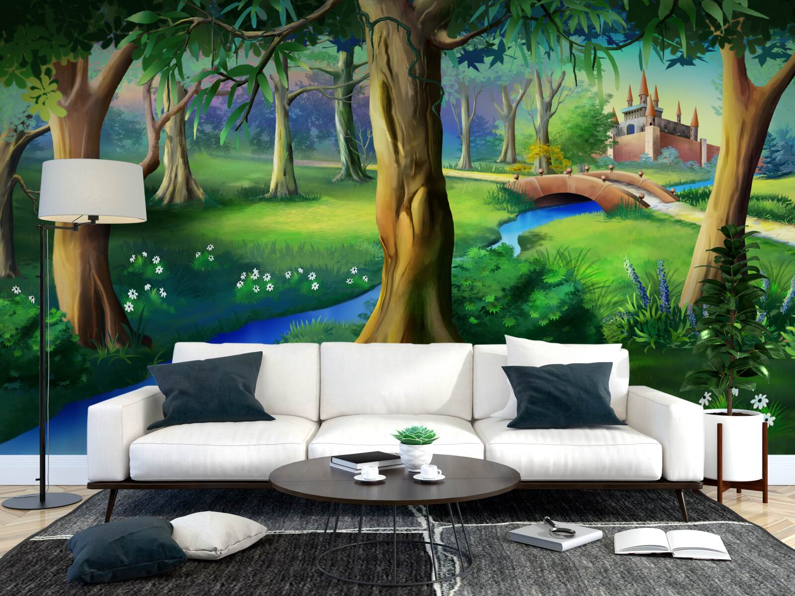 Papier peint des arbres élancés qui grimpent et une rivière dans une prairie