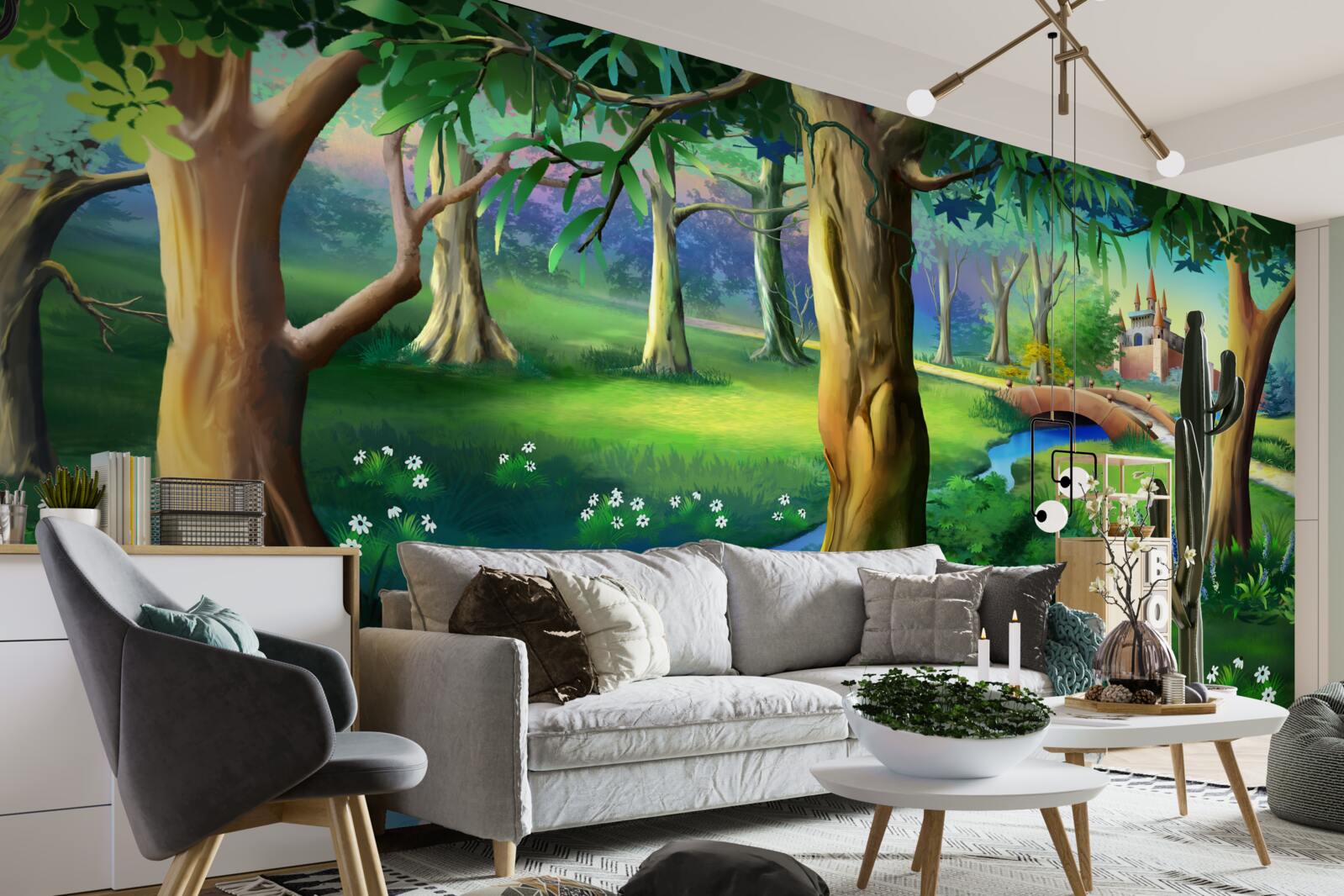 Papier peint des arbres élancés qui grimpent et une rivière dans une prairie