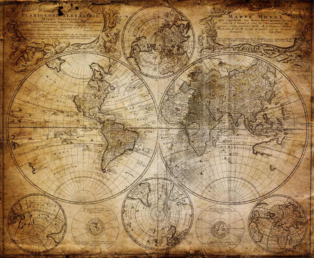 Papier peint carte ancienne avec les continents et les îles