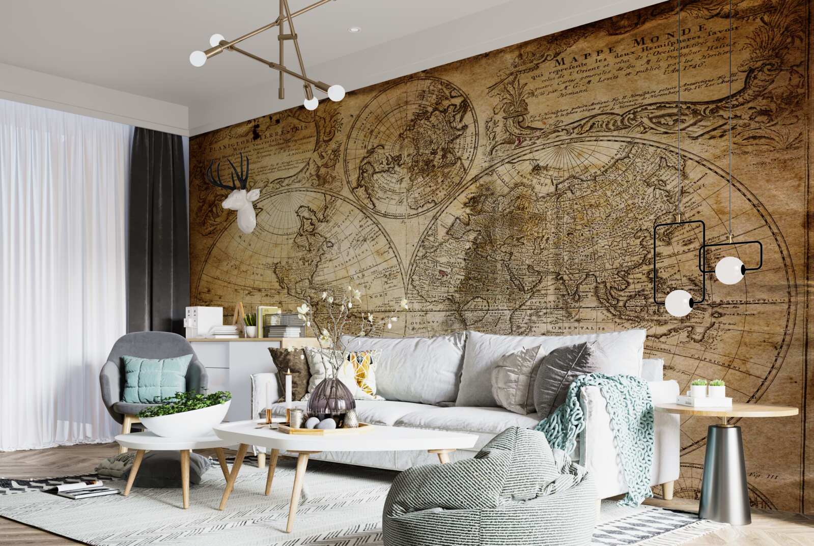 Papier peint carte ancienne avec les continents et les îles