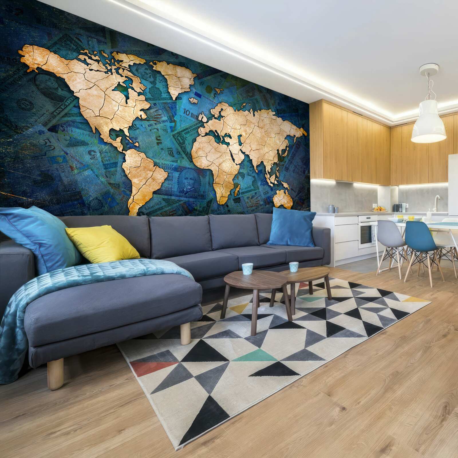 Papier peint carte du monde jaune sur fond d'eau bleue