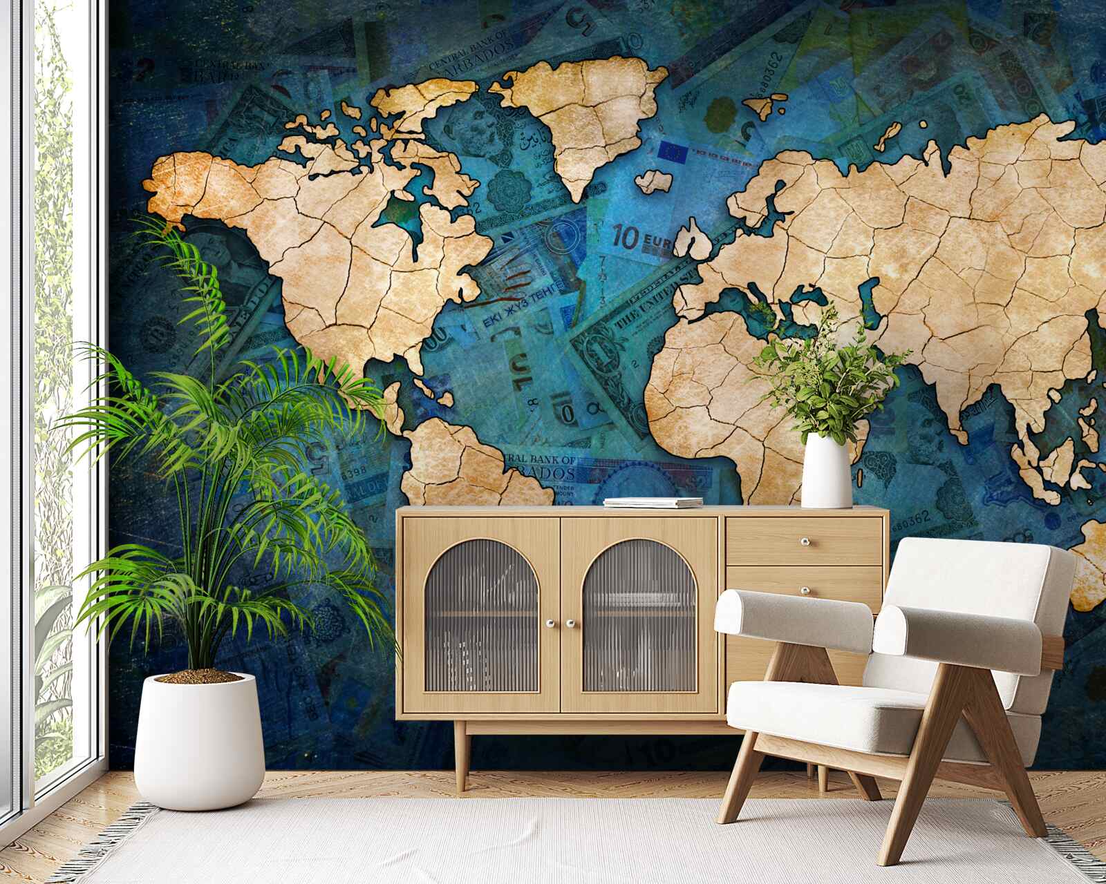 Papier peint carte du monde jaune sur fond d'eau bleue