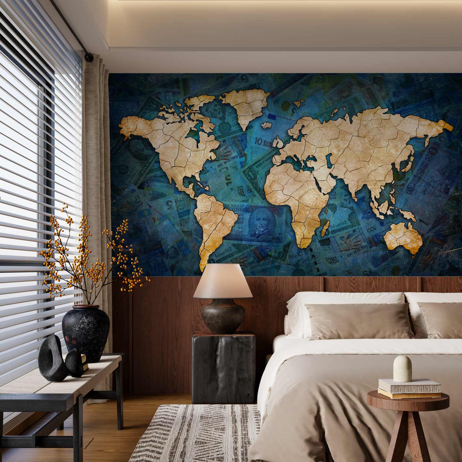 Papier peint carte du monde jaune sur fond d'eau bleue