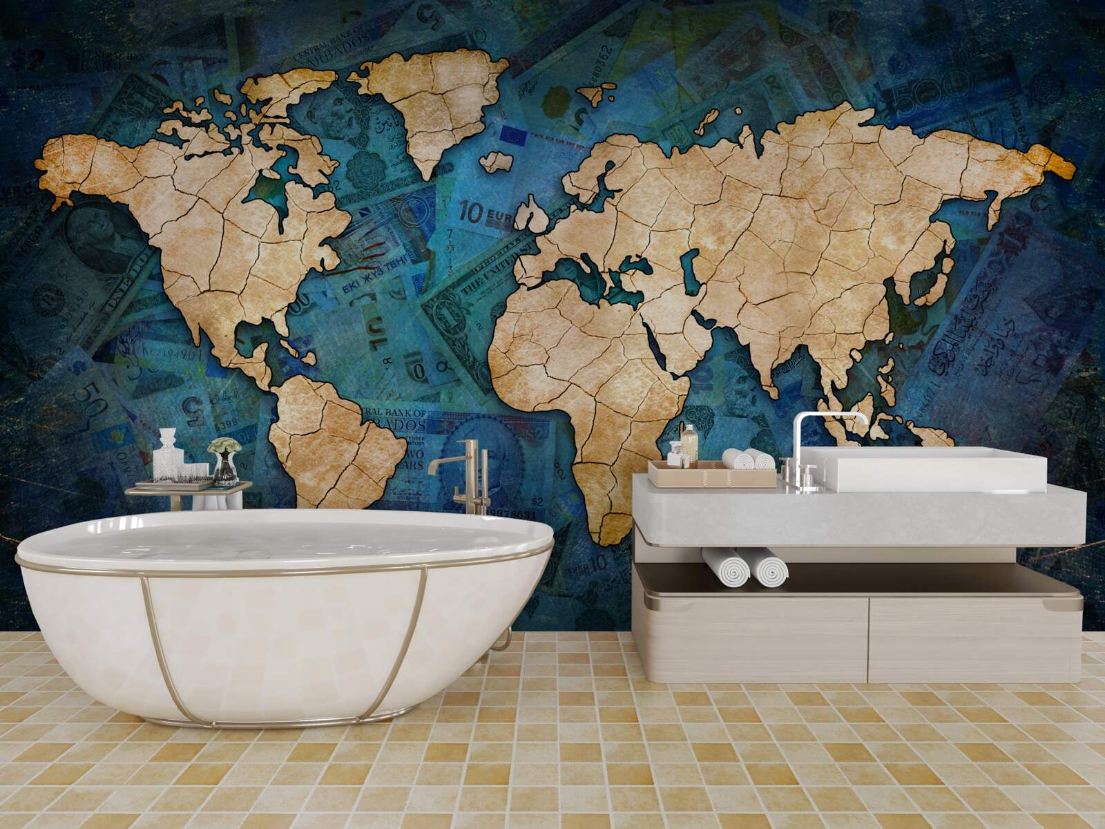 Papier peint carte du monde jaune sur fond d'eau bleue