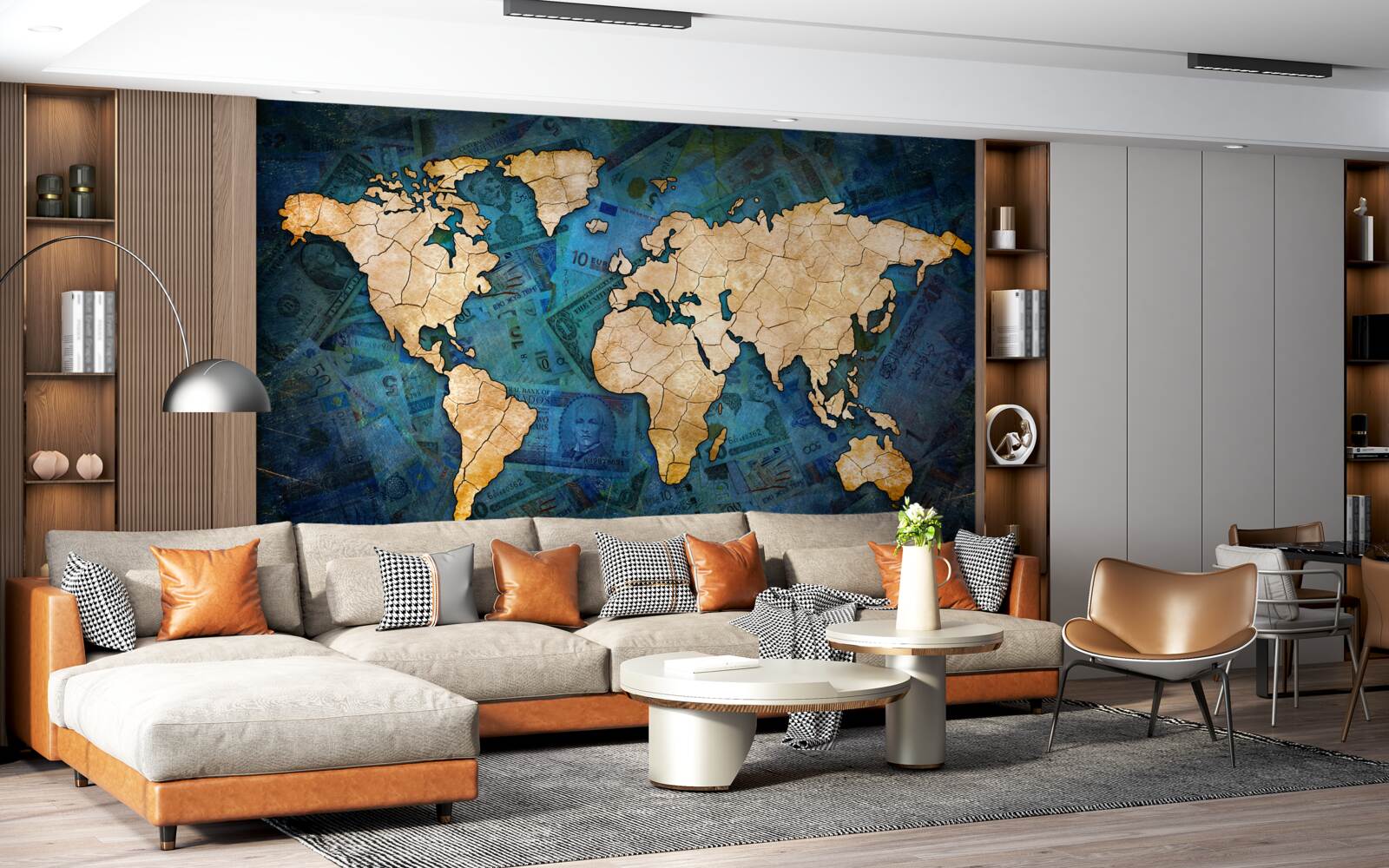 Papier peint carte du monde jaune sur fond d'eau bleue