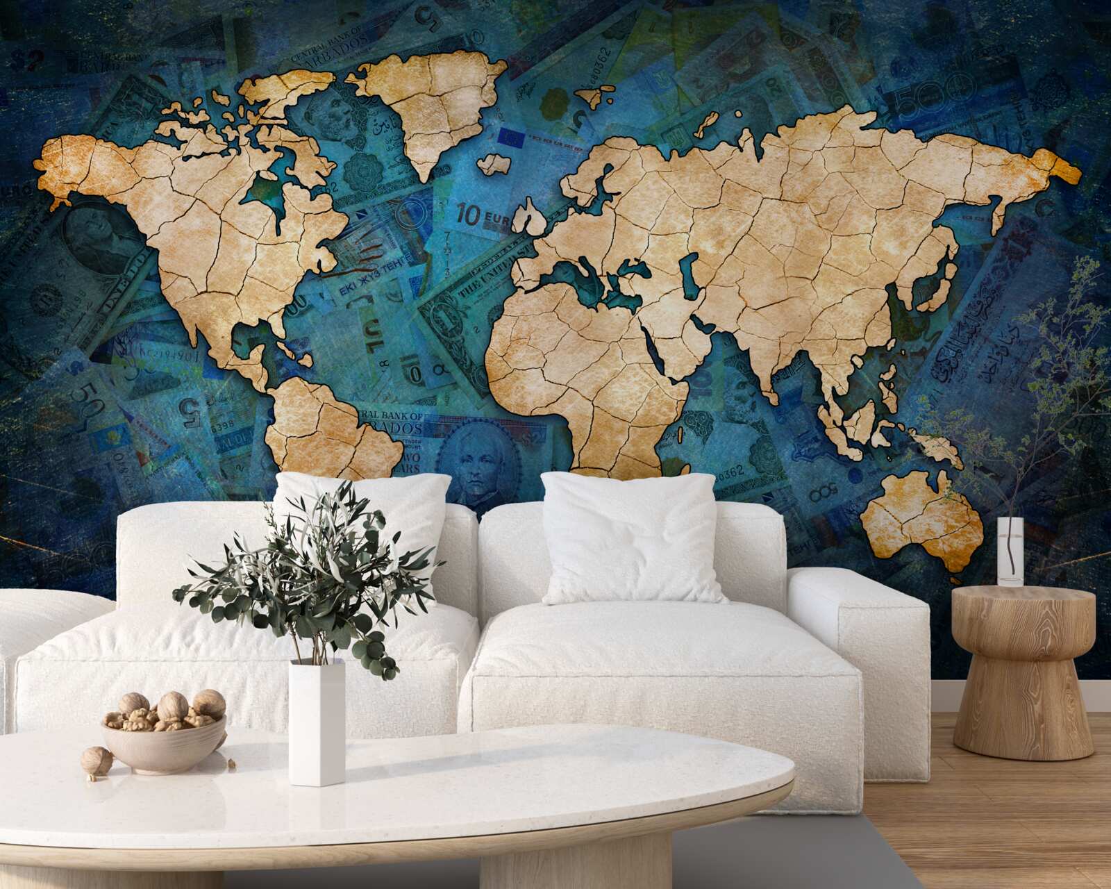 Papier peint carte du monde jaune sur fond d'eau bleue