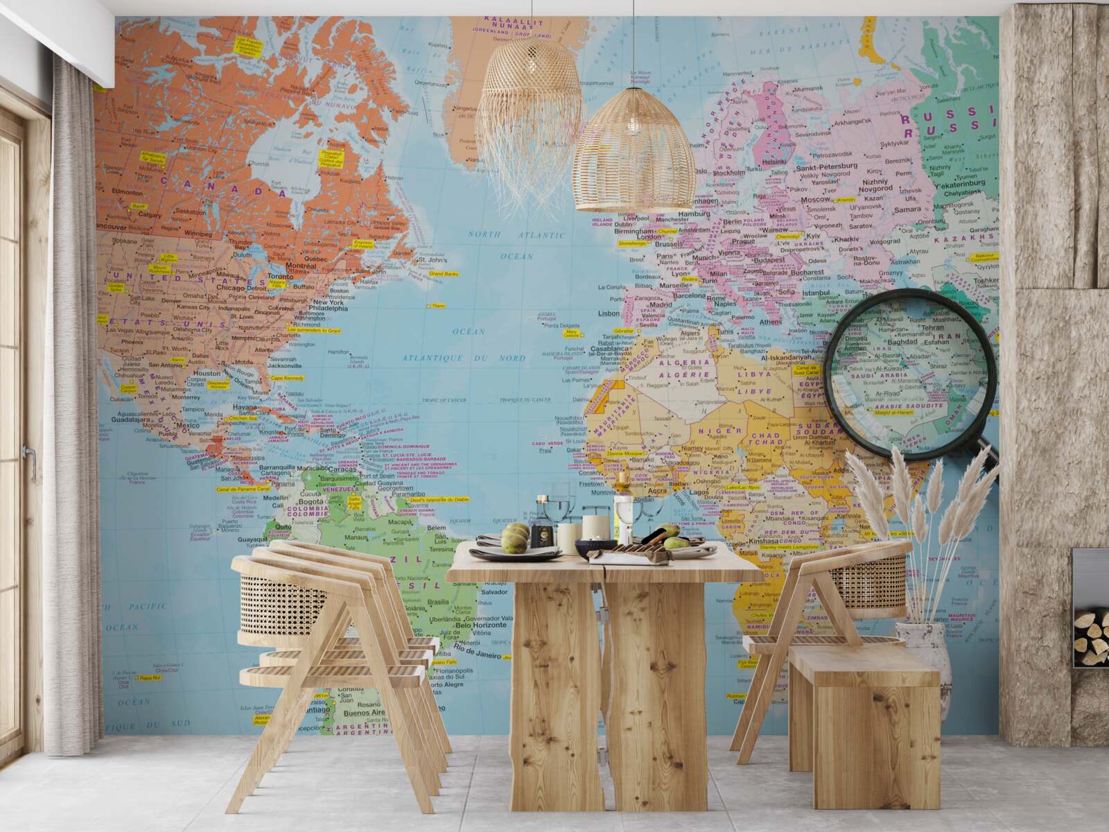 Papier peint loupe sur une carte du monde en couleur